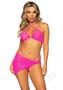 Leg Avenue Rhinestone Mesh Bra Top With Ring Accent, G-string Panty And Matching Sarong (3 Pieces) - Large - Neon Pink