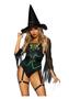 Leg Avenue Broomstick Babe Bodysuit With Lace Up Deep-v And Waist Cincher Buckle Accent, Attached Garters, And Witch Hat (2 Piece) - Small - Black